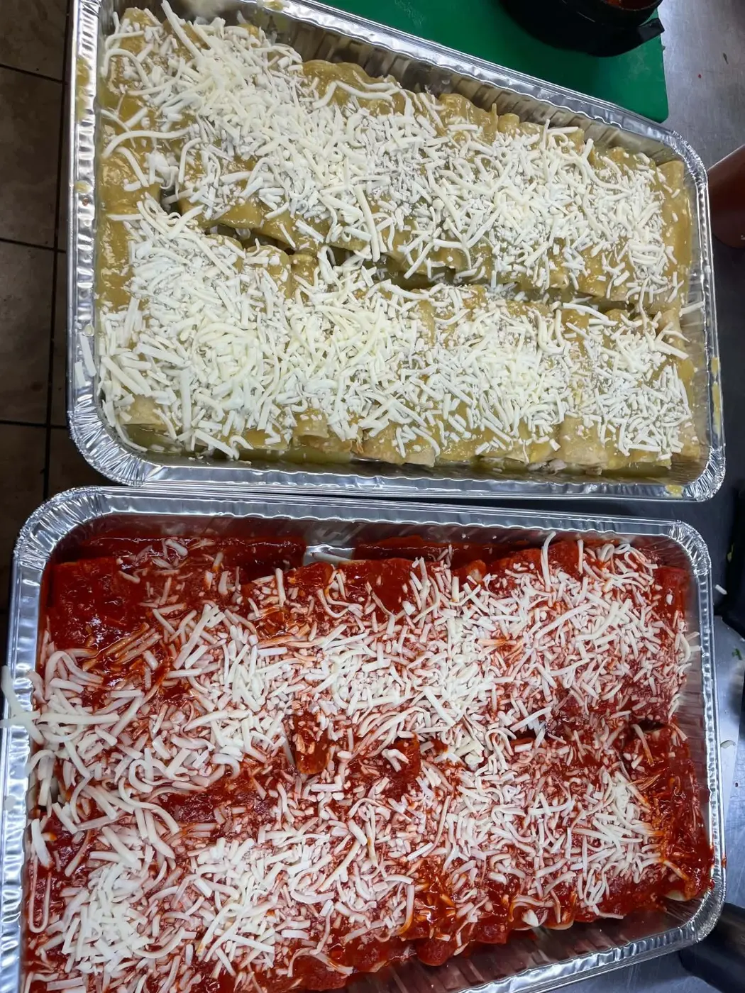 Red and green catering trays, ready for the next step